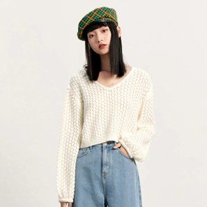 PEACEBIRD - Hollow Out Chain Decor Beige Knit Top